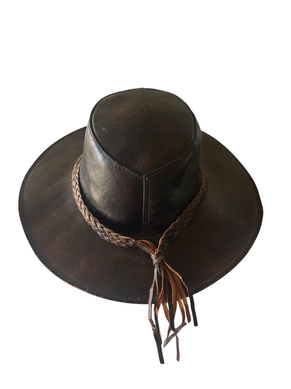 Handmade Genuine Leather Outback Hat with Braided Band Brown